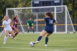 Fictional number 14 shooting toward goal
